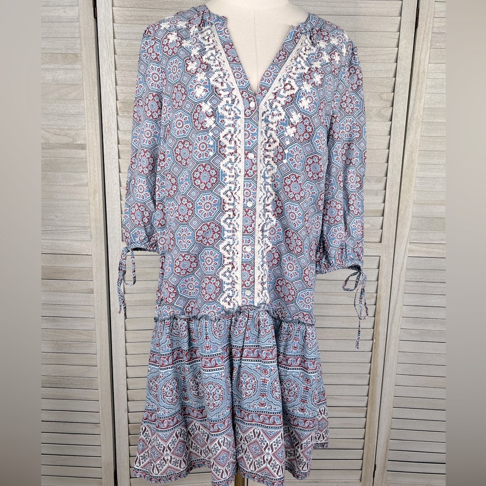 SUNDANCE Zuri Discovery Drop Waist Dress Boho Blue Medallion Print-Medium